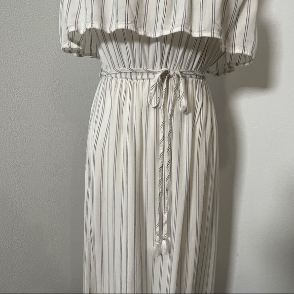 [AQUA] WHITE STRIPED RUFFLE OFF-SHOULDER DRESS W/ TIE-WAIST & SLIT - Picture 2 of 6